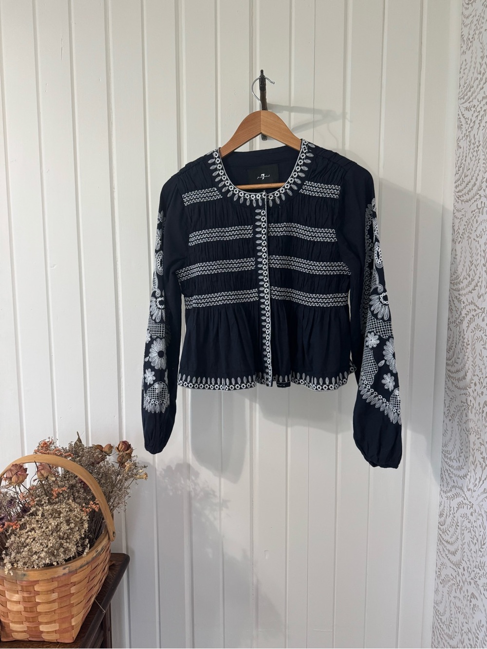 7 For All Mankind Embroidered Cotton Peplum Jacket Navy White M